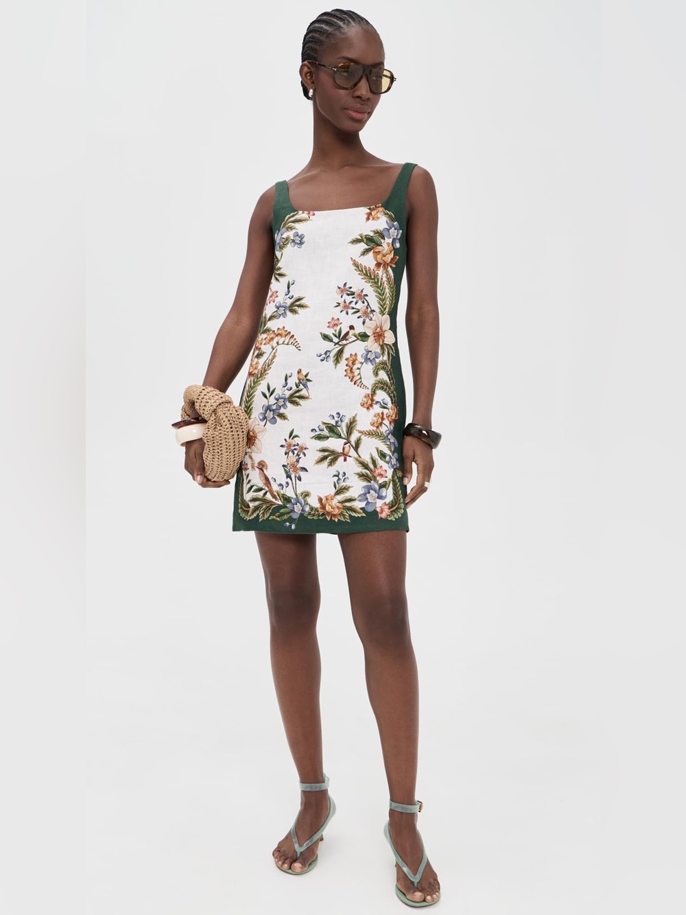 FARM Rio Green-Trim Floral Square-Neck Mini Dress